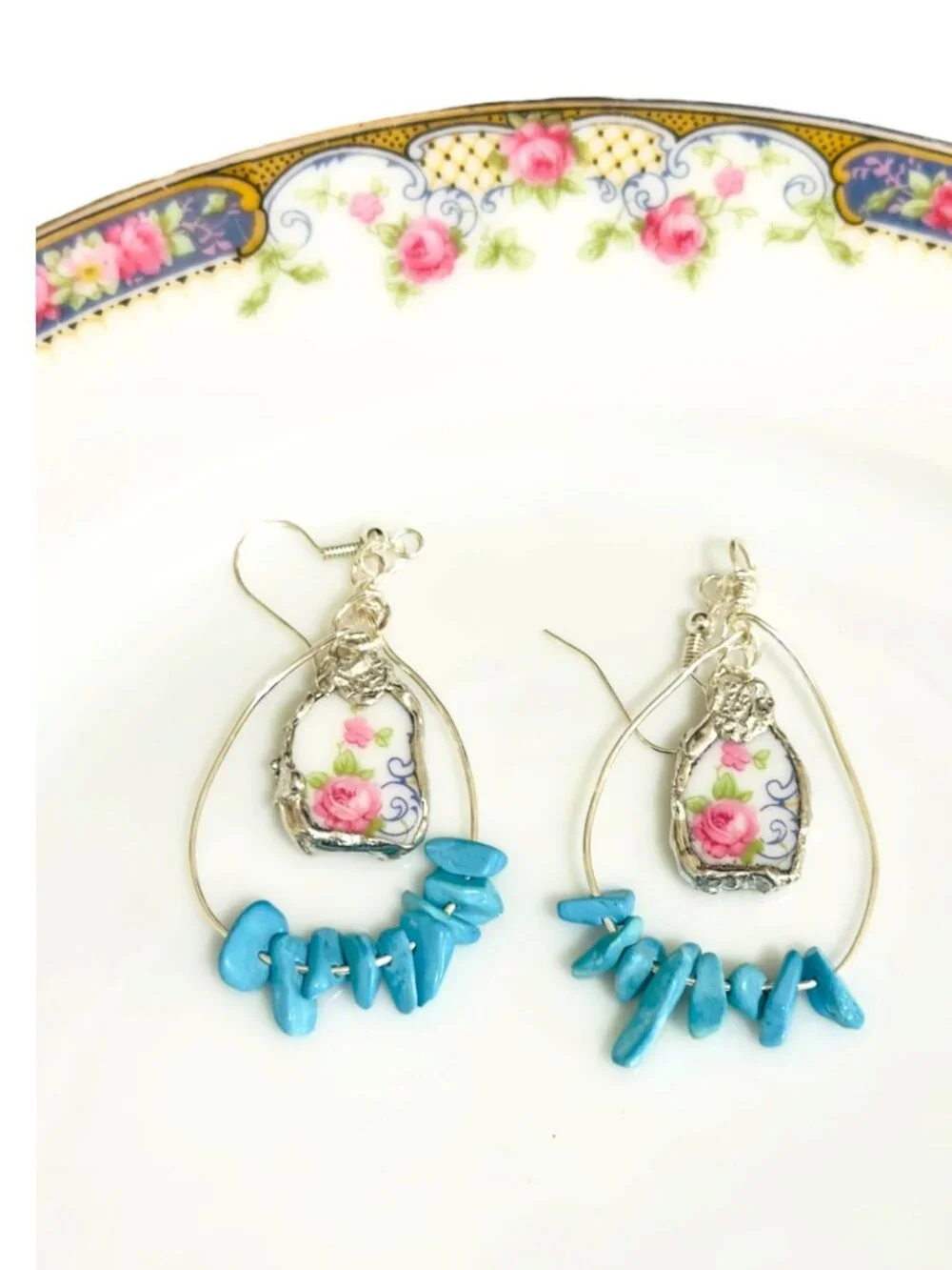 Bavaria Franklin 4177 Rose China Earrings - Genuine Turquoise Accents Handmade - Picture 7 of 7